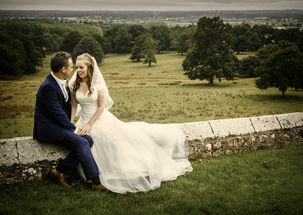 A bride and groom in countryside